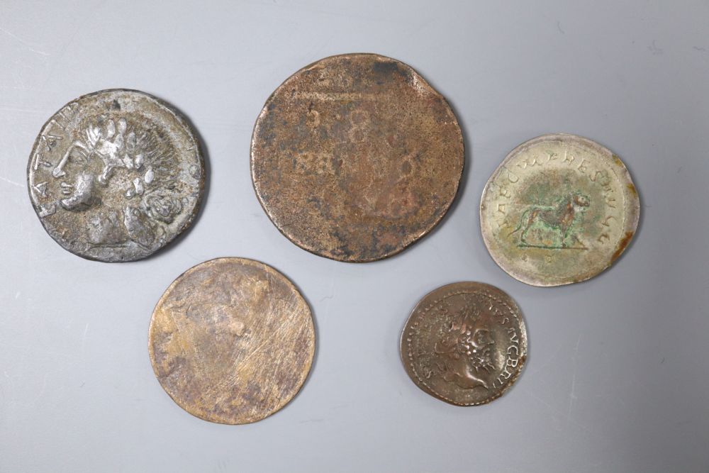 A silver and enamel wrist watch, a silver napkin ring, silver pill box and five assorted worn coins.